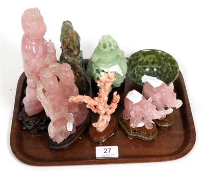Lot 27 - A Chinese green jade censer with cover; a Chinese pink jade figural group with another smaller...