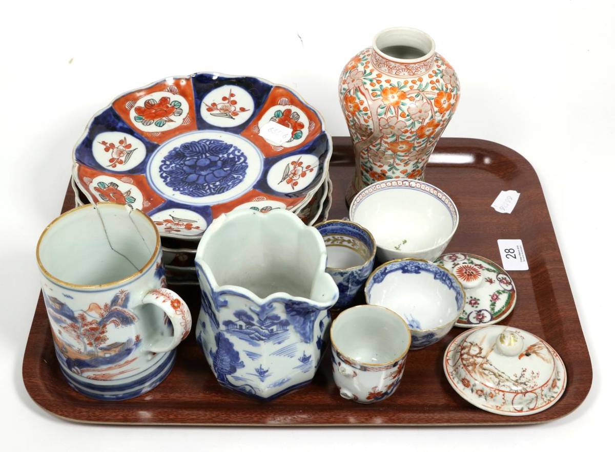 Lot 28 - A group of 18th century and later Oriental ceramics including Chinese mug, tea bowls, jug, four...