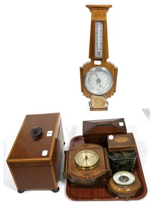 Lot 39 - A 19th century mahogany tea caddy, three barometers etc