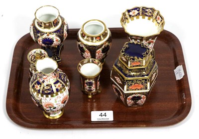 Lot 44 - Seven Royal Crown Derby Imari pattern items including hexagonal shaped jar and cover, five...