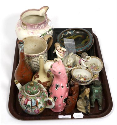 Lot 45 - A Cantonese teapot, bronze boy, Galle style cat, two soapstone groups, various ceramics, etc