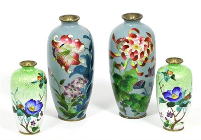 Lot 46 - Two pairs of 20th century cloisonne enamel vases decorated with multi coloured flowers