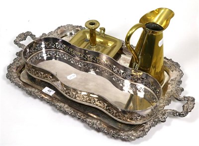 Lot 48 - A silver plated twin handled tray with leaf decorated borders, a Georgian chamber stick, copper jug