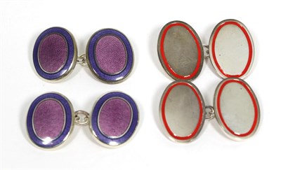 Lot 55 - A pair of silver purple and mauve guilloche double oval chain linked cufflinks, measure 1.7cm...