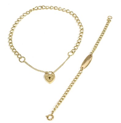 Lot 61 - A 9 carat gold curb link bracelet with an engraved padlock clasp, length 18cm, and a 9 carat...