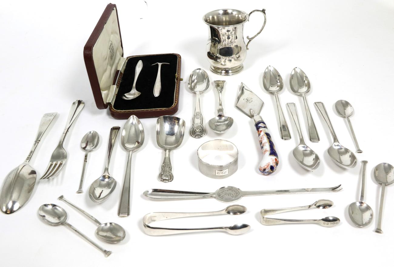 Lot 68 - A group of silver items, including a baluster Christening mug; a cased pusher and spoon; a set...