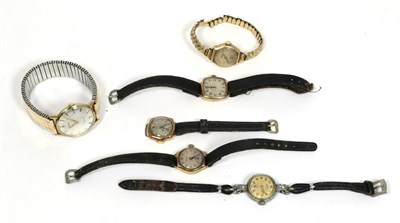 Lot 71 - A gents 9 carat gold wristwatch signed Eterna, four lady's 9 carat gold wristwatches and a...