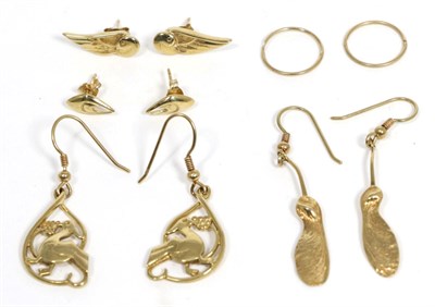 Lot 78 - Five pairs of 9 carat gold earrings; comprising a pair of sycamore seed earrings, length 5cm,...