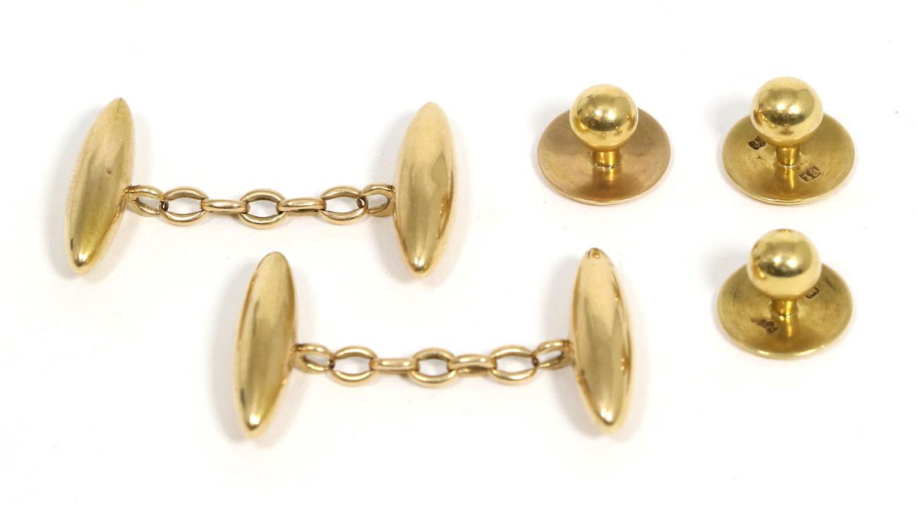 Lot 79 - A pair of double torpedo-shaped chain linked cufflinks, stamped '15CT' and a set of three dress...