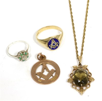 Lot 85 - A 9 carat gold blue enamel Masonic signet ring, finger size X, a 9 carat gold Masonic pendant;...