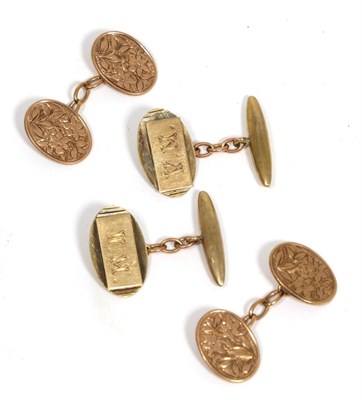 Lot 102 - A pair of 9 carat rose gold foliate engraved double oval chain linked cufflinks, and a second...
