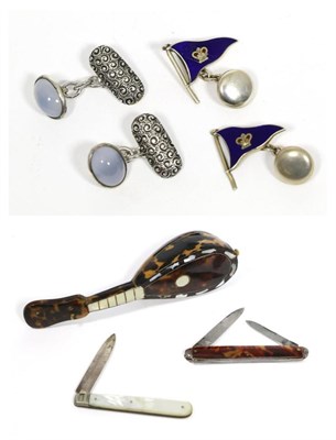 Lot 106 - A pair of silver enamel Royal Western England yacht club flag cufflinks, chain linked to button...