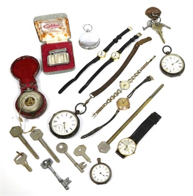Lot 108 - A cased pocket barometer; two silver pocket watches; a silver fob watch; a gent's Chateau...