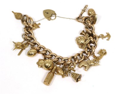 Lot 113 - A curb link charm bracelet, with a 9 carat gold padlock clasp and seventeen 9 carat gold and...