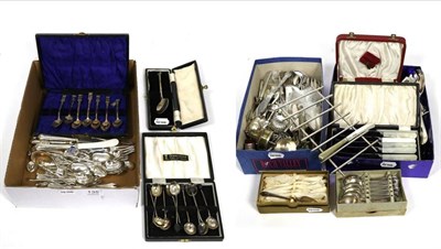 Lot 135 - A quantity of silver spoons and other flatware, to include: a set of six cake forks; souvenir...
