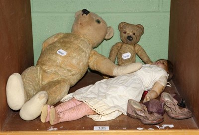 Lot 145 - Wax doll, two teddy bears, baby shoes etc