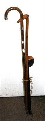 Lot 159 - An Edwardian fruitwood walking stick with greyhound head carved handle; a Shillelegh; a bamboo...