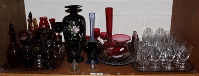 Lot 165 - A collection of decorative glass including ruby and cranberry; Carnival glass plates; a ship...