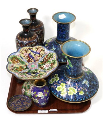 Lot 176 - A quantity of 20th century cloisonne enamel items including three pairs of vases, a pedestal...