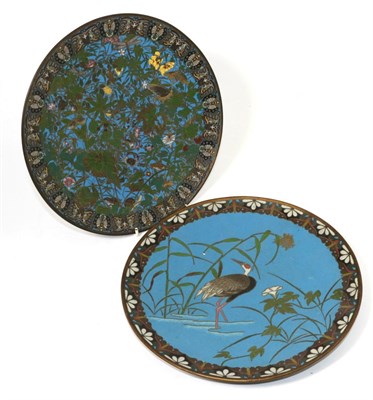 Lot 178 - Two early 20th century cloisonne enamel chargers the first decorated with foliage and insects...