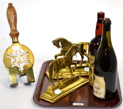Lot 189 - Pair of brass horse fire side ornaments; cap badge; World War II tankard; port; etc (two trays)