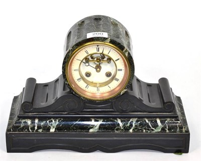 Lot 200 - A late 19th century black slate and green veined marble mantel clock with visible Brocot escapement