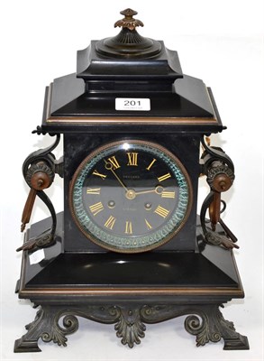 Lot 201 - A late 19th century metal mounted black slate mantel clock, the dial signed 'Vaughan, Newport'