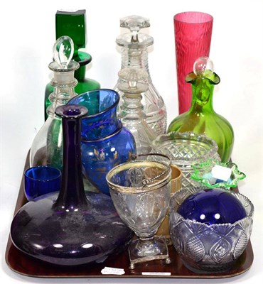 Lot 205 - A tray of early 19th century and later glass including ring neck decanters, coloured glass etc...