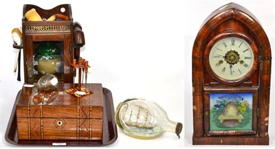 Lot 209 - An oak smoker's cabinet, with seven assorted pipes; two ships in bottles; and an American shelf...