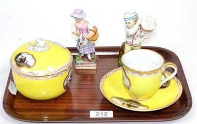 Lot 212 - Yellow ground porcelain covered sugar basin, similar covered cup and saucer, late Hoechst...
