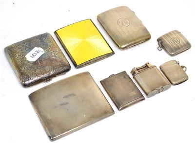 Lot 246 - A Continental silver and yellow guilloche enamel cigarette case with seven related items (8)