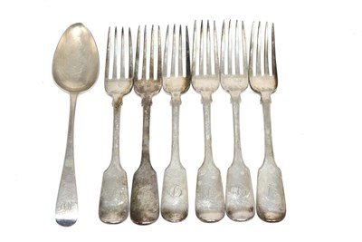 Lot 250 - A set of six Victorian silver fiddle pattern table forks, William Eaton, London 1837/38, and a...