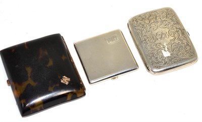 Lot 254 - A faux tortoiseshell gold mounted cigarette case, the cover with the initial M, an engraved...