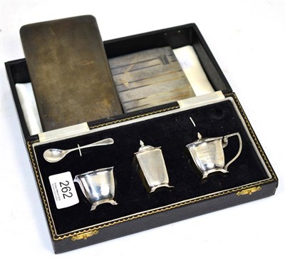 Lot 262 - Case silver condiment (lacking spoon); silver cigarette case; and another