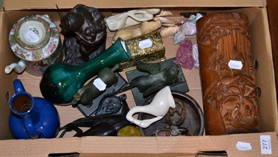 Lot 277 - A box of Chinese and other ceramics including brush pot etc