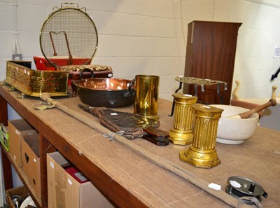 Lot 1000 - A group of miscellaneous including 19th century copper twin handled pan, spark guard, trivet, split
