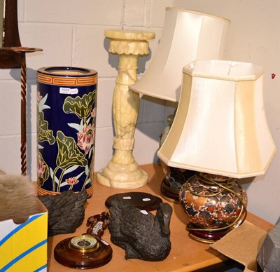 Lot 1034 - Two modern table lamps decorated with butterflies and birds, with shades; a copper ashtray; a...