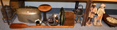 Lot 1040 - A quantity of metal wares including a teapot and stand, pans, a small sewing stool, trays, two...