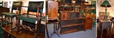 Lot 1043 - An oak dining chair and a matching oak carver, a three tier bookshelf, a small reproduction...