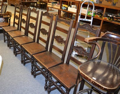 Lot 1063 - A set of six oak dining chairs and a Bentwood high stool (7)