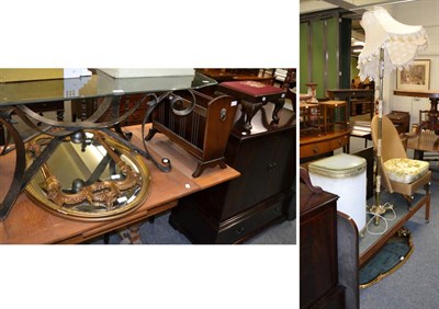 Lot 1075 - A Lloyd Loom chair; a Lloyd Loom style clothes basket; a standard lamp; a reproduction gilt mirror