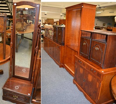 Lot 1085 - Three reproduction side cabinets, an open bookcase, four bedroom side cabinets and a...