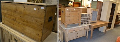 Lot 1101 - A group of pine furniture comprising a painted wardrobe converted to a pantry cupboard, a side...