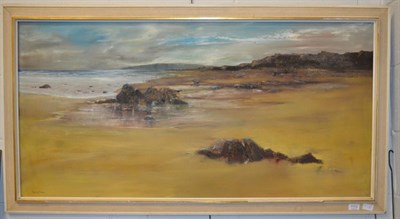 Lot 1112 - Ronald Pawson (20th century) ";Beach painting";, signed and inscribed verso, oil on canvas