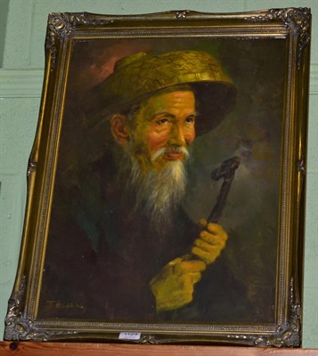 Lot 1124 - T Chan, Portrait of an opium smoker, signed, oil on board