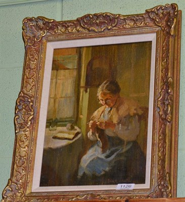 Lot 1126 - John Rennie Mackenzie Houstan RSW (1856-1932) An elderly lady knitting in an interior, signed,...