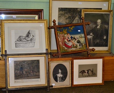 Lot 1137 - Six prints depicting figures with horses, a portrait of a lady and a G Morland print titled ";A Boy