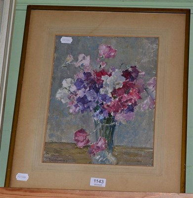 Lot 1143 - Owen Bowen (1873-1967) Still life of sweetpeas in a glass fluted vase, signed and dated (19)26, oil