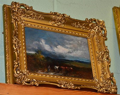 Lot 1145 - Attributed to David Cox Junior, (19th century), figure droving cattle in a landscape, oil on panel