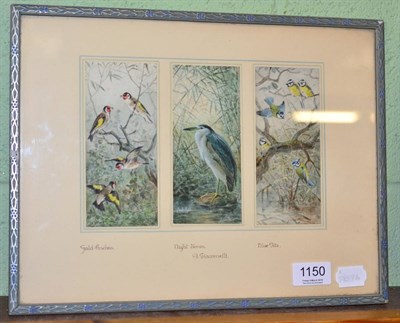 Lot 1150 - Three watercolour bird scenes depicting 'Gold Finches', 'Night Heron' and 'Blue Tits', signed...